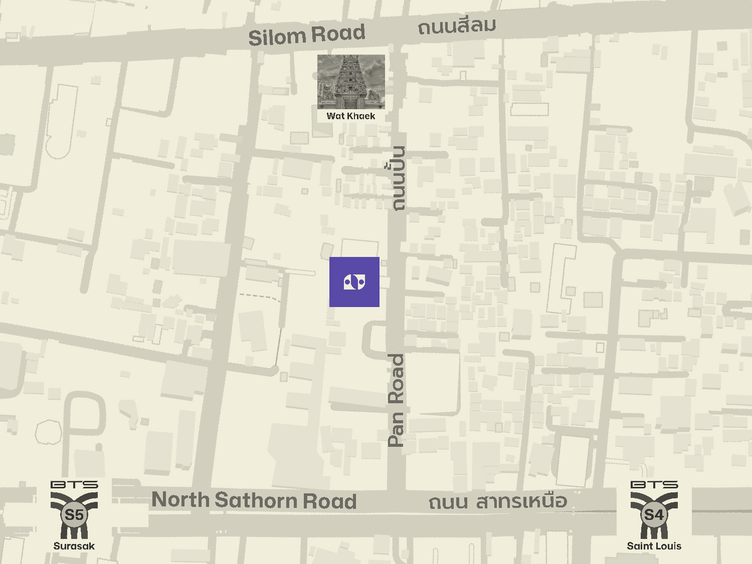 Map showing Pan Campus on Pan Road between BTS Surasak and Saint Louis, south of Wat Khaek.