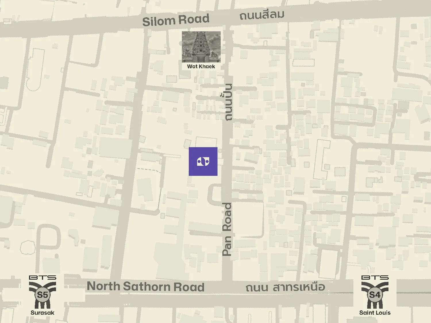 Map showing Pan Campus on Pan Road between BTS Surasak and Saint Louis, south of Wat Khaek.
